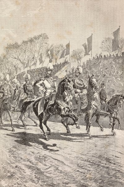 Jefes de Estado Mayor entrando en el campo de desfile, celebraciones por la visita del príncipe heredero de Alemania (futuro Federico III) a Roma, Italia, grabado de un dibujo de Quinto Cenni, de L