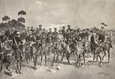 Oficiales de ejércitos extranjeros visitando a soldados italianos en Lombardía, Italia, grabado de un dibujo de Quinto Cenni, de L