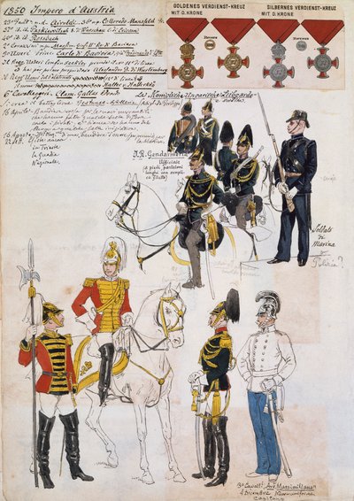 Gendarmes, soldados de marina y oficiales del Tercer Regimiento de Caballería Archiduque Maximiliano, uniformes del Imperio Austriaco de Quinto Cenni