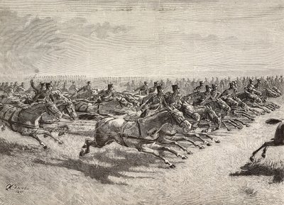 Artillería a caballo del ejército italiano pasando a galope tendido, Lombardía, Italia, grabado de un dibujo de Quinto Cenni, de L