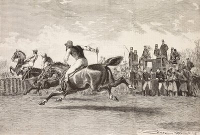 Carrera de caballos en el parque de Villa Arconati, Castellazzo, Italia, grabado de un dibujo de Quinto Cenni, de L