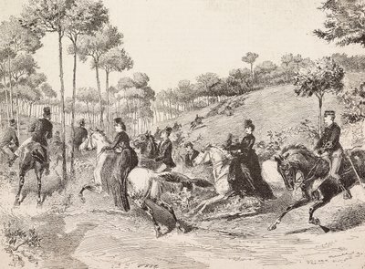 Excursión de caza por la caza milanesa, Italia, grabado de un dibujo de Quinto Cenni, de L