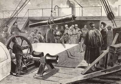 Marineros y oficiales italianos preparando el barco Gottardo, expedición italiana en el Mar Rojo, Palermo, Italia, grabado de un dibujo de Quinto Cenni y un boceto de Dante Paolocci, de L
