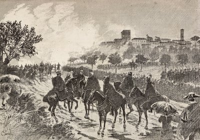 Soldados italianos a caballo moviéndose de Copreno a Cermenate, Italia, grabado de un dibujo de Quinto Cenni, de L