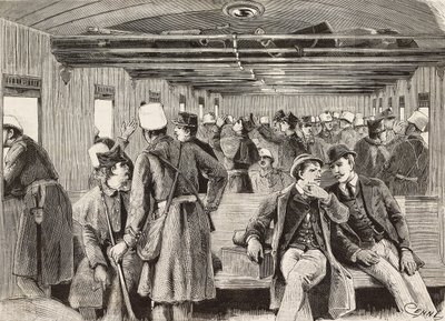 Soldados italianos en tren con destino a Nápoles, Italia, segunda expedición italiana en el Mar Rojo, grabado de un dibujo de Quinto Cenni y un boceto de M Dal Don, de L