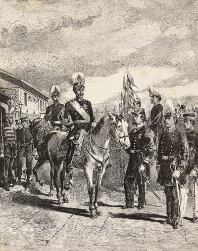 Ejército japonés: Soldados de infantería, Jefes de Estado Mayor, General de división, caballería, Vicealmirante, Capitán de infantería, artillero, Japón, grabado de un dibujo de Quinto Cenni, de L