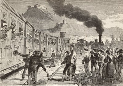 Hombres y mujeres despidiéndose de los soldados italianos que parten de la estación de tren de Cassino, Italia, grabado del dibujo de Quinto Cenni y boceto de M Dal Don, de L