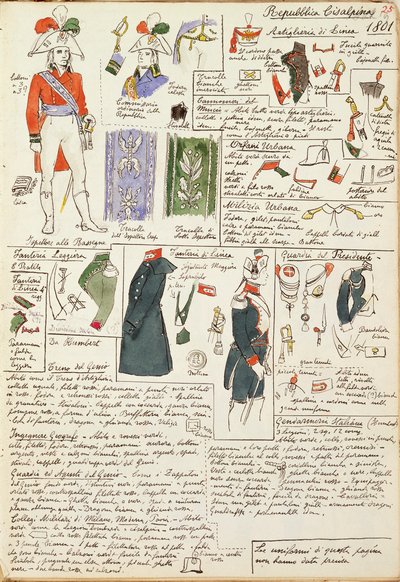 Uniformes militares en la época de la República Cisalpina de 1801. Lámina en color de Cenni Quinto de Quinto Cenni