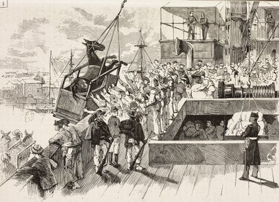 Mula siendo izada al barco Príncipe Amedeo, expedición italiana en el Mar Rojo, Italia, grabado de un dibujo de Quinto Cenni y un boceto de M Dal Don, de L
