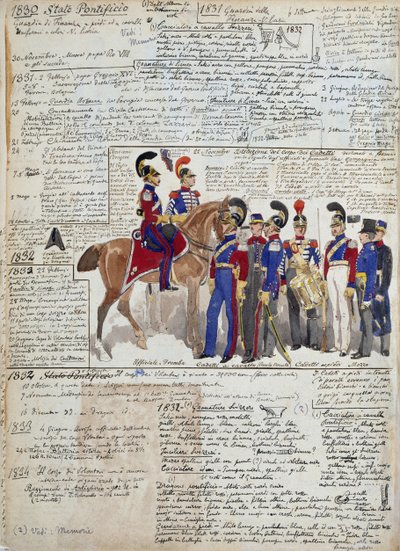 Oficiales y cadetes a pie y a caballo, uniformes de los Estados Pontificios de Quinto Cenni