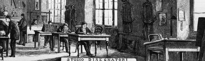 Oficinas de los hermanos Treves, departamento de diseñadores, Milán, Italia, ilustración de Quinto Cenni (1845-1917) de L