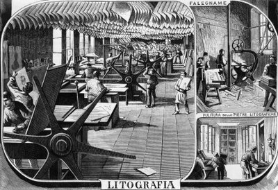 Oficinas de los hermanos Treves, departamento de litografía, Milán, Italia, ilustración de Quinto Cenni (1845-1917) de L