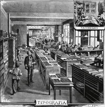 Oficinas de los hermanos Treves, tipografía y superposición, Milán, Italia, ilustración de Quinto Cenni de L