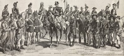 Ejército piamontés en 1859: infantes, artilleros, ingenieros, granaderos, oficiales, generales, lanceros, jinetes, fusileros, grabado del dibujo de Quinto Cenni, de L