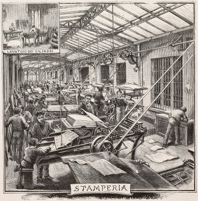 Imprenta en la editorial Fratelli Treves, Milán, Italia, grabado de un dibujo de Quinto Cenni, de L