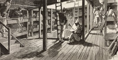 Soldados bajo cubierta en el dormitorio, barco Principe Amedeo, expedición italiana en el Mar Rojo, Italia, grabado de un dibujo de Quinto Cenni y un boceto de M Dal Don, de L