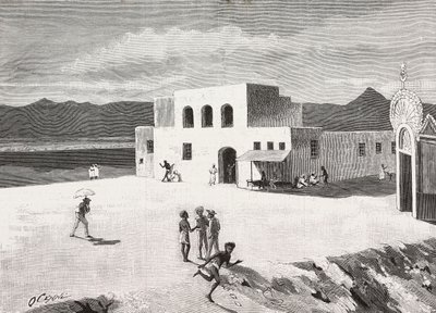 Edificio de la Oficina de Correos Italiana, Massawa, Eritrea, grabado de un dibujo de Quinto Cenni y un boceto de Pieragostini, de L