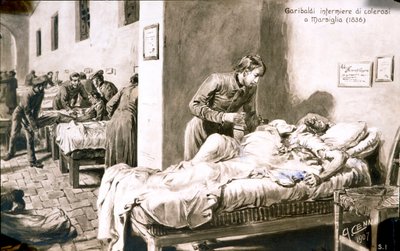 El patriota italiano Giuseppe Garibaldi (1807-1882) enfermero, bajo el nombre de Pan-Borel (Pane Borel), a los pacientes de cólera en Marsella en 1836. Tarjeta postal del siglo XIX, colección privada de Quinto Cenni