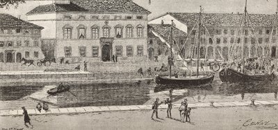 El ayuntamiento y el canal del puerto, Cesenatico, Italia, grabado de un dibujo de Quinto Cenni y un boceto de Ulisse Topi, de L