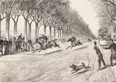 Tres oficiales de resistencia participando en una carrera de caballos, Tercer regimiento de Saboya, entre Milán y Monza, Italia, grabado de un dibujo de Quinto Cena, de L