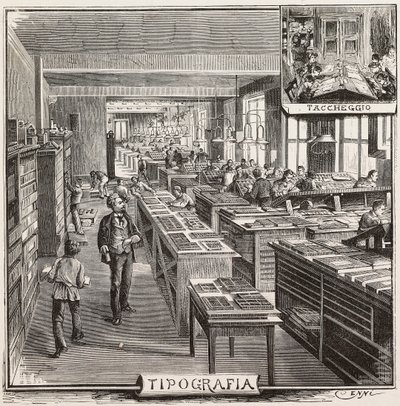 Tipografía en la editorial Fratelli Treves, Milán, Italia, grabado del dibujo de Quinto Cenni, de L