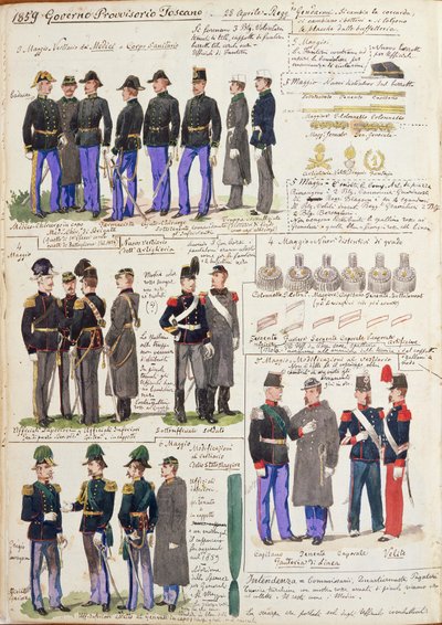 Uniformes y distintivos del gobierno provisional de Toscana por Quinto Cenni, lámina en color de Quinto Cenni