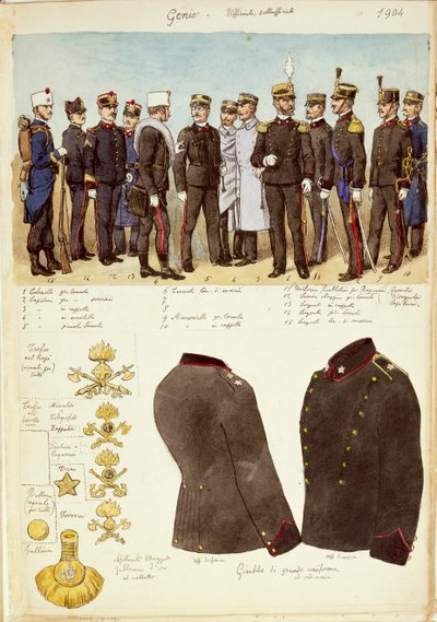Uniformes de Genio (ingenieros), oficiales y suboficiales del Reino de Italia, lámina en color por Quinto Cenni de Quinto Cenni