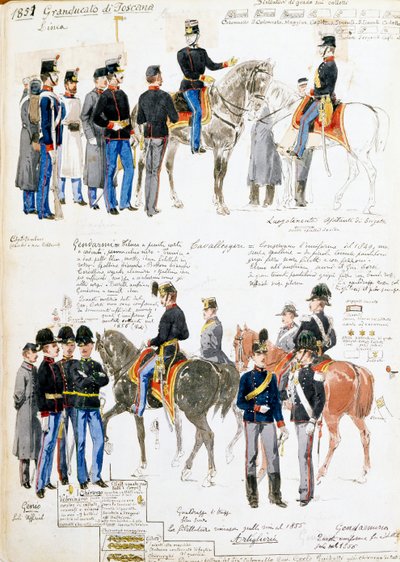 Uniformes del Gran Ducado de Toscana en 1851, lámina tomada del códice Cenni, colección de bocetos militares dibujados por Quinto Cenni de Quinto Cenni