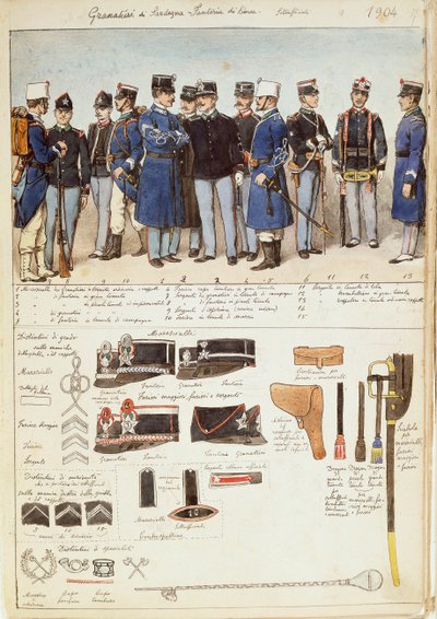 Uniformes de Granaderos de Cerdeña, infantería de línea, suboficiales del Reino de Italia de Quinto Cenni