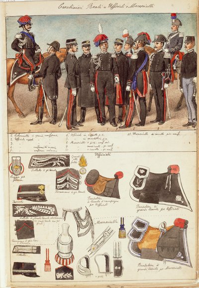 Uniformes de Carabinieri Reales, oficiales y suboficiales del Reino de Italia, lámina en color de Quinto Cenni de Quinto Cenni
