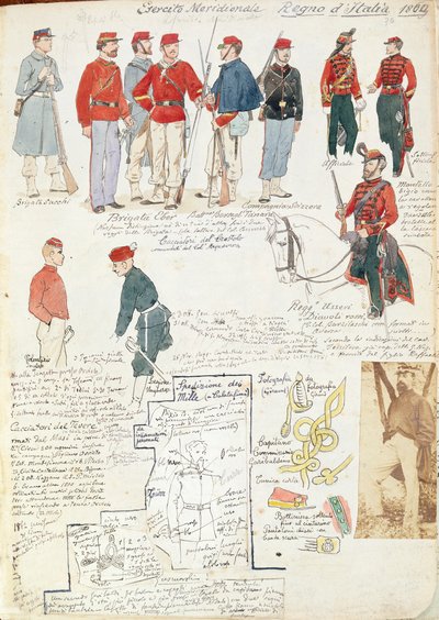 Uniformes del ejército del sur de Italia del gobierno provisional por Quinto Cenni, lámina en color de Quinto Cenni