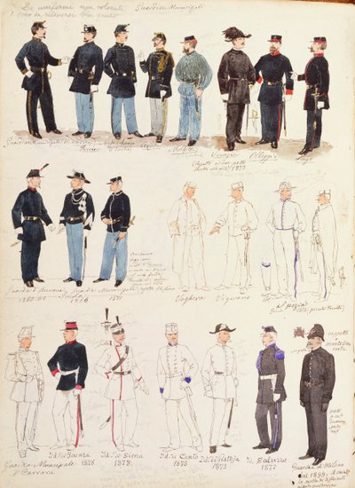 Uniformes de guardias municipales del Reino de Italia por Quinto Cenni, lámina en color de Quinto Cenni