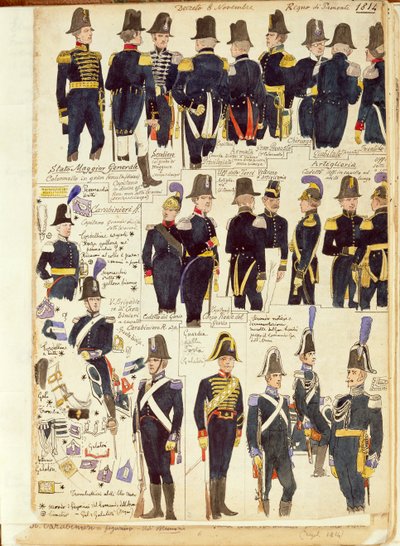 Uniformes del ejército piamontés de 1814. Lámina en color de Cenni Quinto de Quinto Cenni