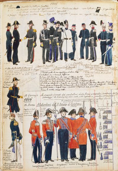 Uniformes del ejército piamontés de 1845-1846. Lámina en color por Cenni Quinto de Quinto Cenni