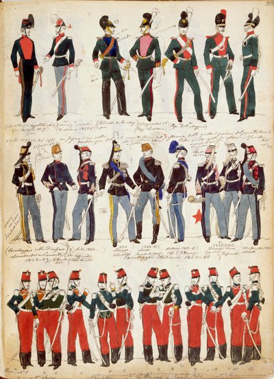 Varios uniformes italianos en uso común alrededor de 1860 por Quinto Cenni, placa en color de Quinto Cenni