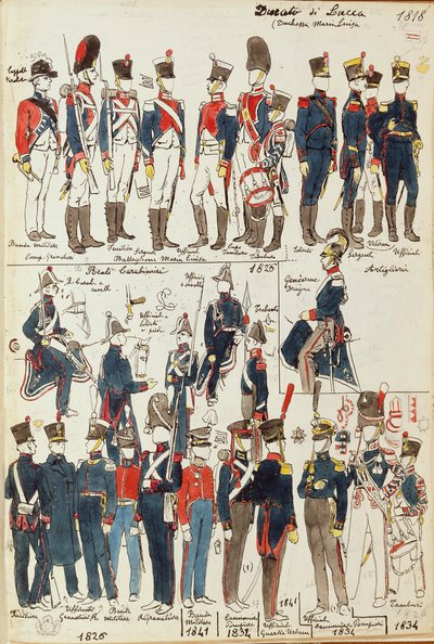 Varios uniformes del Ducado de Lucca por Quinto Cenni, placa en color de Quinto Cenni
