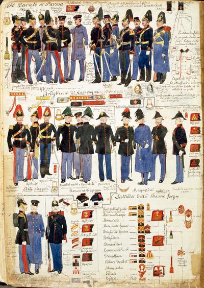 Varios uniformes del Ducado de Parma por Quinto Cenni, lámina en color de Quinto Cenni