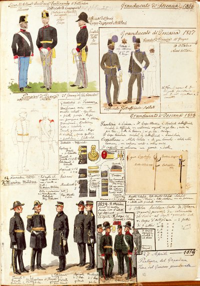 Varios uniformes del Gran Ducado de Toscana por Quinto Cenni, lámina en color de Quinto Cenni