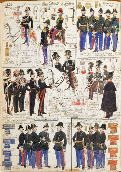 Varios uniformes del Gran Ducado de Toscana por Quinto Cenni, lámina en color de Quinto Cenni