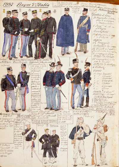 Varios uniformes del Reino de Italia, lámina en color de Quinto Cenni de Quinto Cenni