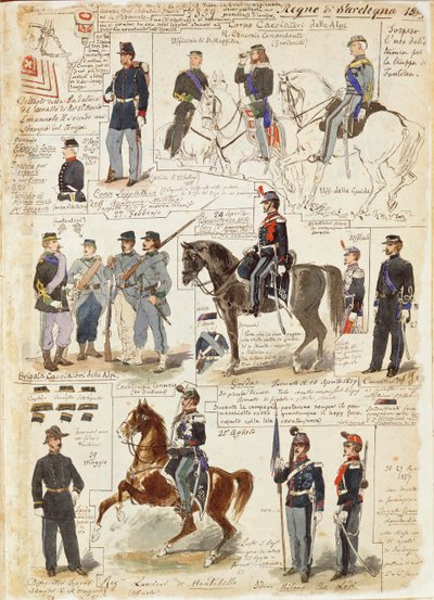 Varios uniformes del Reino de Cerdeña por Quinto Cenni, placa en color de Quinto Cenni