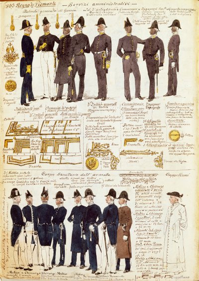 Varios uniformes del Reino de Cerdeña, lámina en color de Quinto Cenni de Quinto Cenni