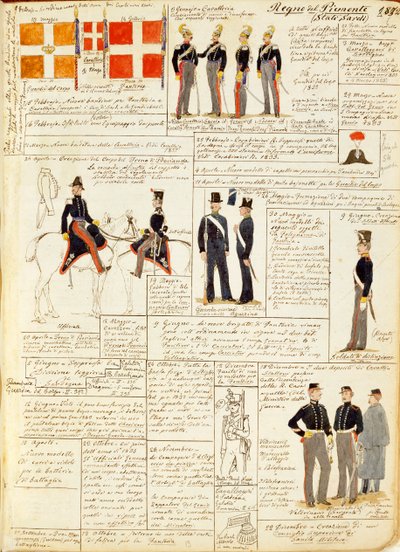 Varios uniformes del Reino de Cerdeña, lámina en color por Quinto Cenni de Quinto Cenni