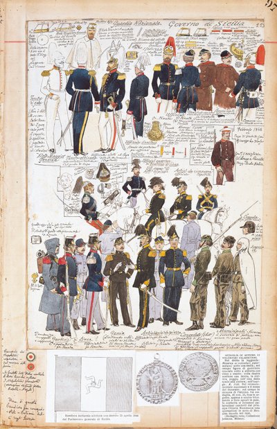 Varios uniformes del Gobierno Provisional de Sicilia por Quinto Cenni, lámina en color de Quinto Cenni