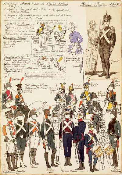 Varios uniformes del Reino de Italia de 1805. Placa en color por Cenni Quinto de Quinto Cenni