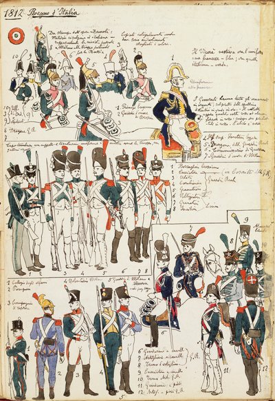 Varios uniformes del Reino de Italia de 1807. Placa en color por Cenni Quinto de Quinto Cenni