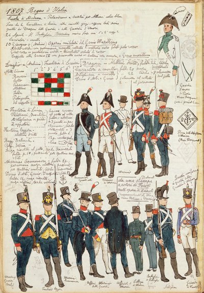 Varios uniformes del Reino de Italia de 1807. Placa en color por Cenni Quinto de Quinto Cenni
