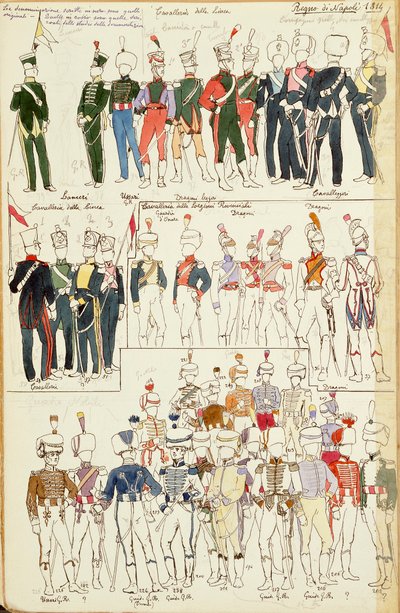 Varios uniformes del Reino de Nápoles de 1814. Lámina en color por Quinto Cenni de Quinto Cenni