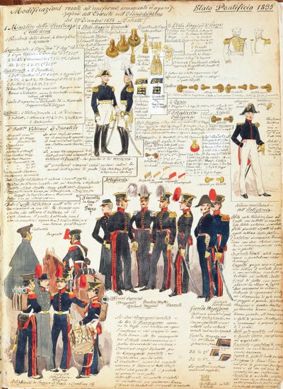 Varios uniformes de los Estados Pontificios de 1835. Lámina en color de Cenni Quinto de Quinto Cenni