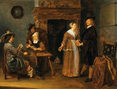 Alemán: "Lockere Gesellschaft", dos mujeres y tres hombres en la mesa de juego Interior con jugadores de cartas de Quirijn van Brekelenkam